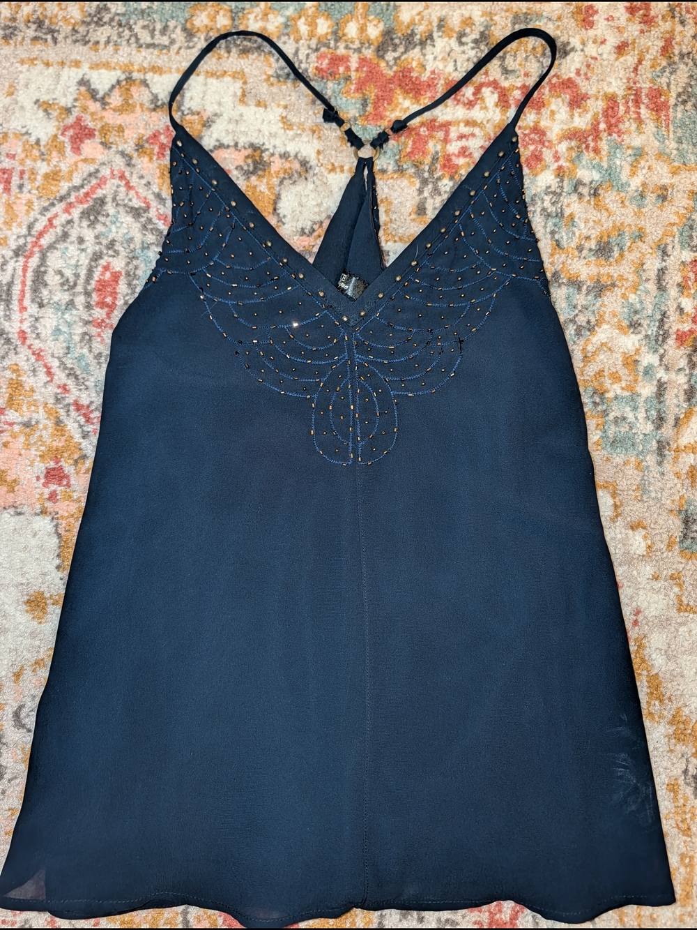 BKE Boutique Women's L Navy V-Neck Beaded Cami Lightweight Boho Cute Feminine